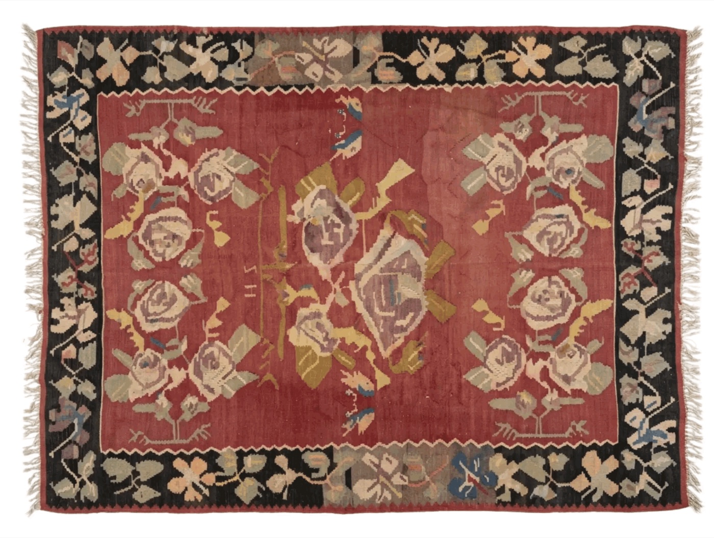 Alfombra kilim con rosas sobre fondo rojo