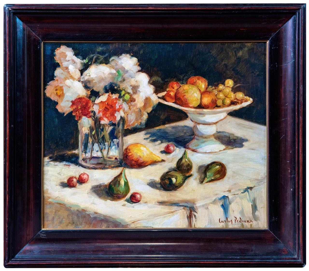 Naturaleza muerta con flores y frutas, óleo de Carlos Pedraza — Gran Subasta del 24 de octubre